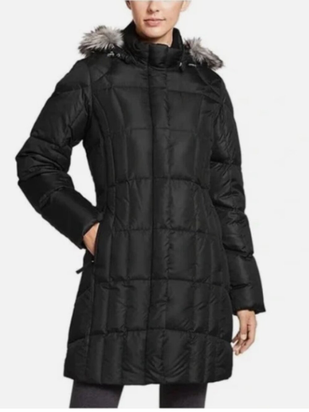 Eddie Bauer Women's Lodge Down Parka Sz L Black Removeable Fur Hood Winter Long